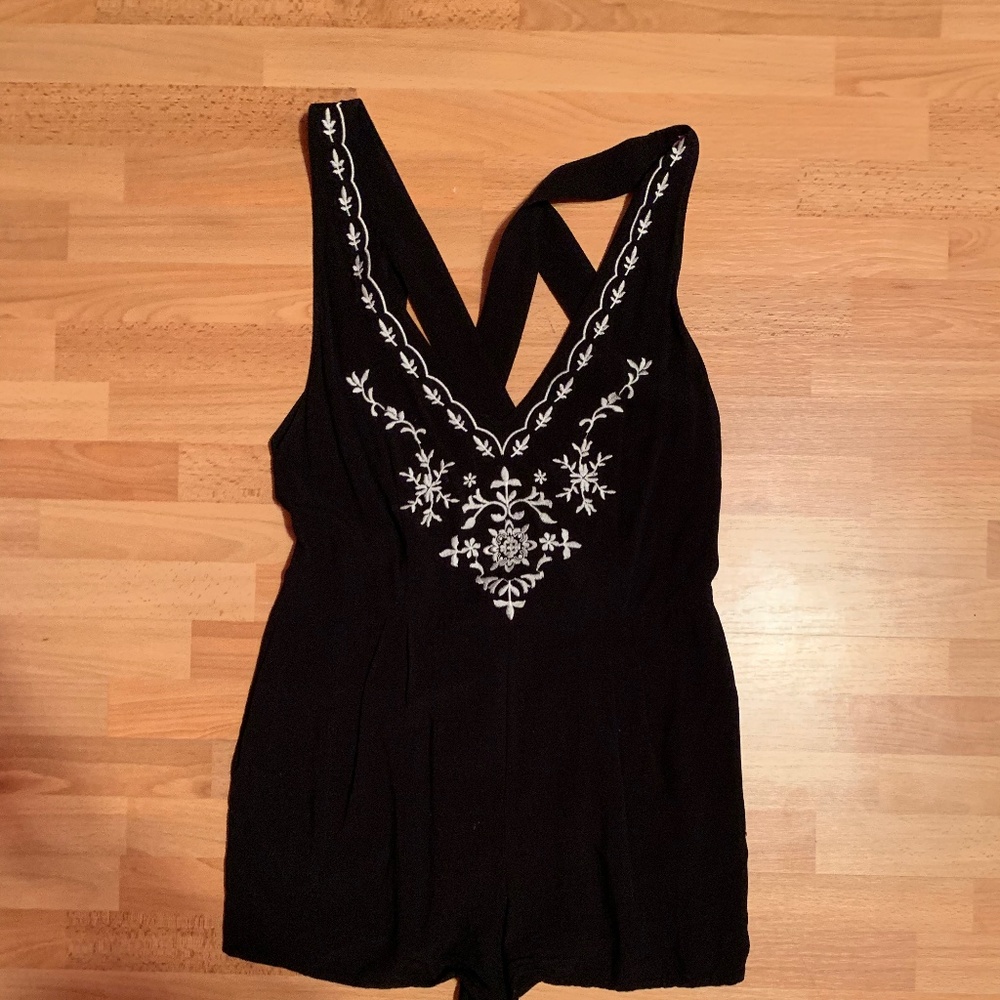 F21 Deep V Black Romper with White Details